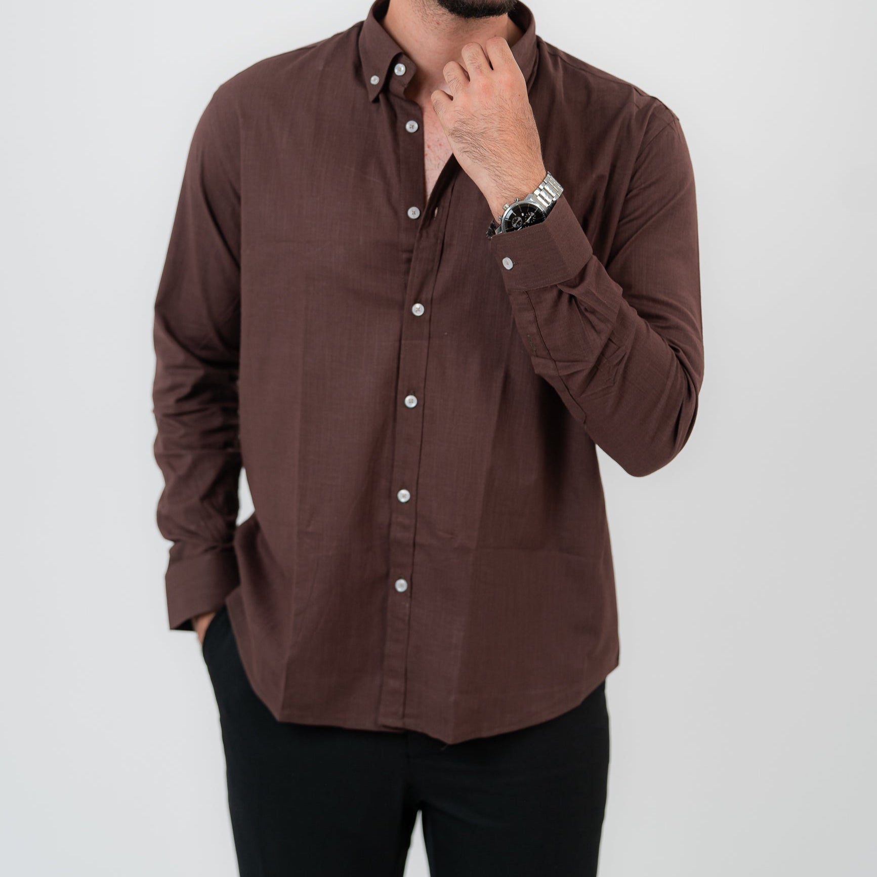 قميص بني بأكمام طويلة - بولو أمريكي