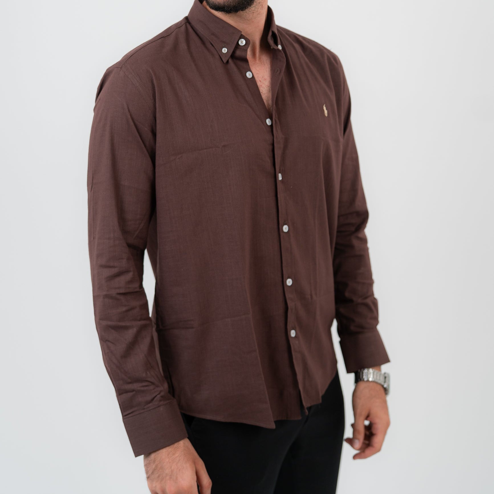 قميص بني بأكمام طويلة - بولو أمريكي
