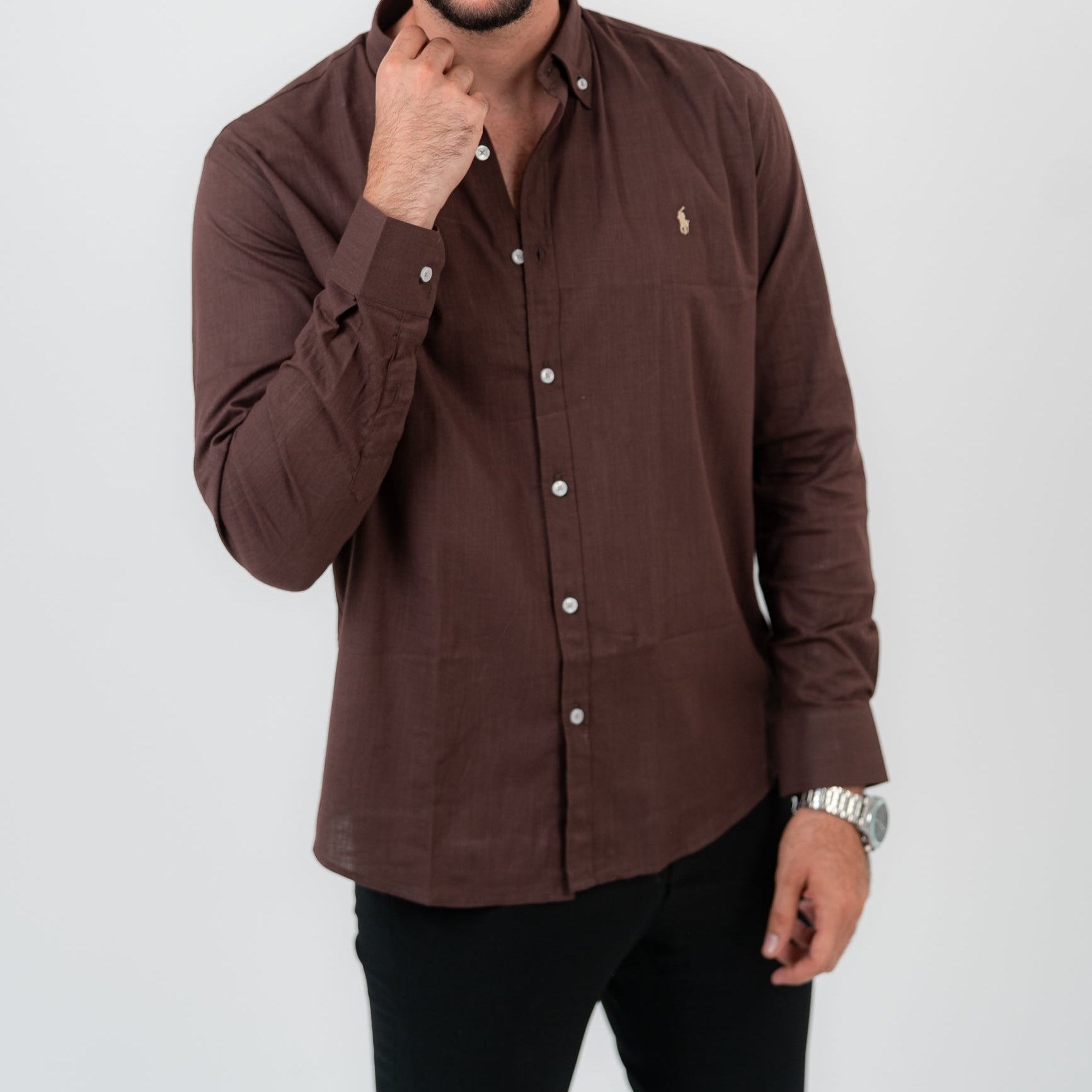 قميص بني بأكمام طويلة - بولو أمريكي