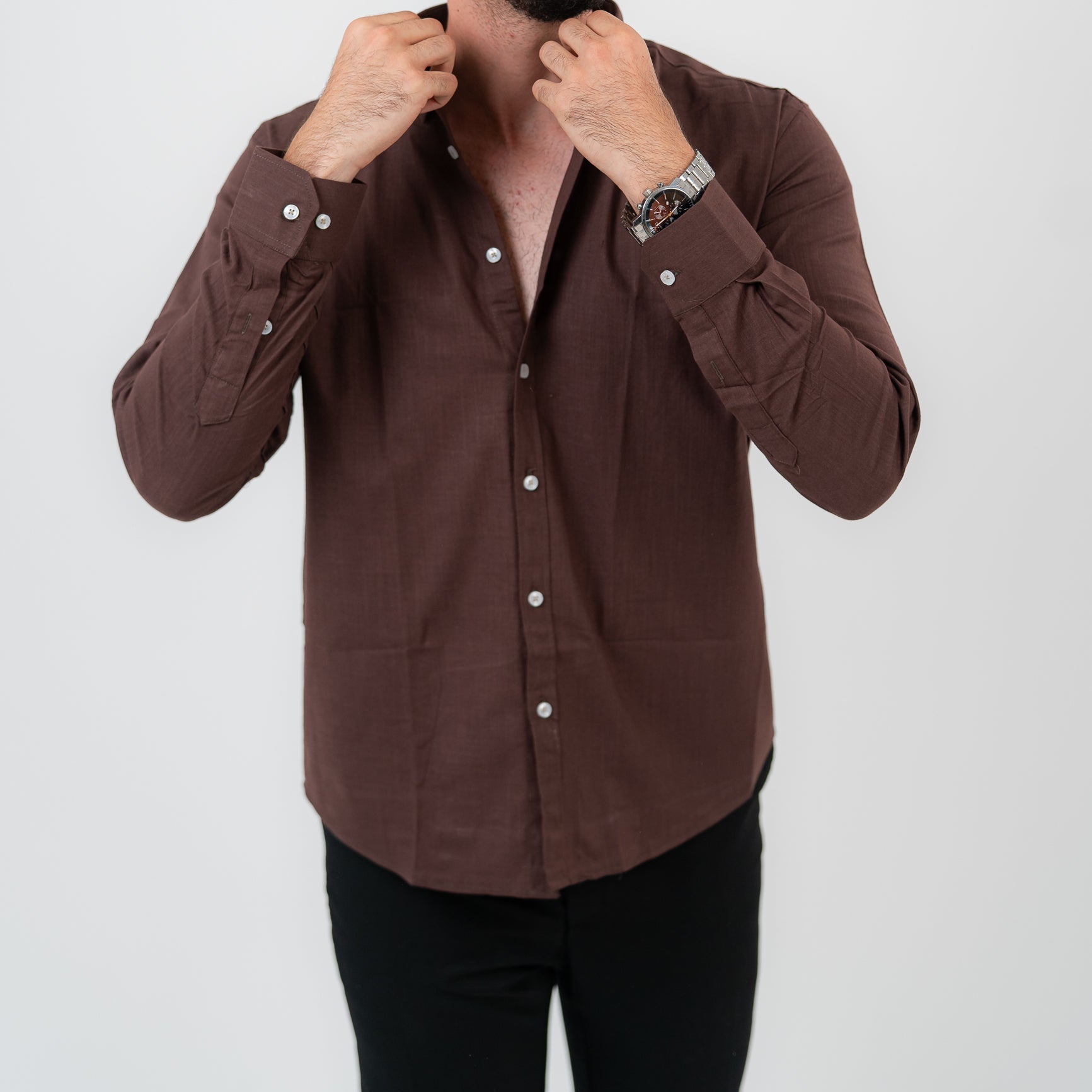 قميص بني بأكمام طويلة - بولو أمريكي