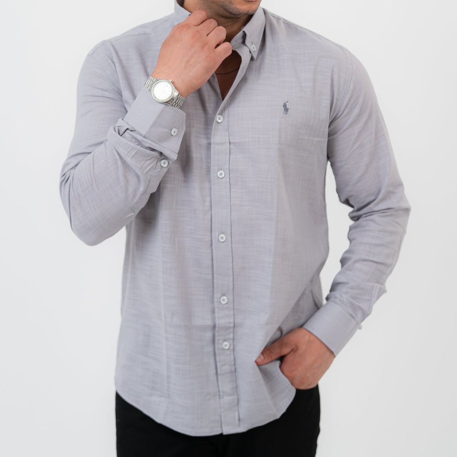 قميص رمادي بأكمام طويلة - بولو أمريكي