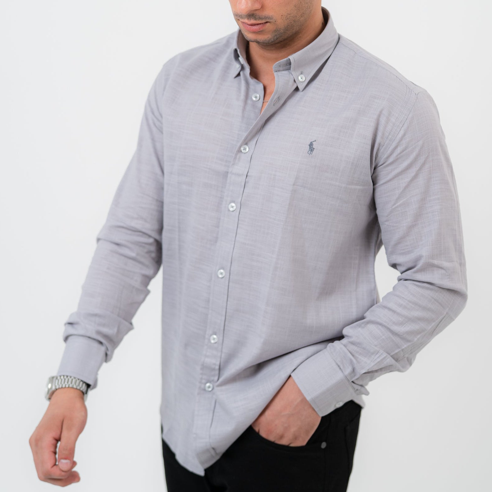 قميص رمادي بأكمام طويلة - بولو أمريكي