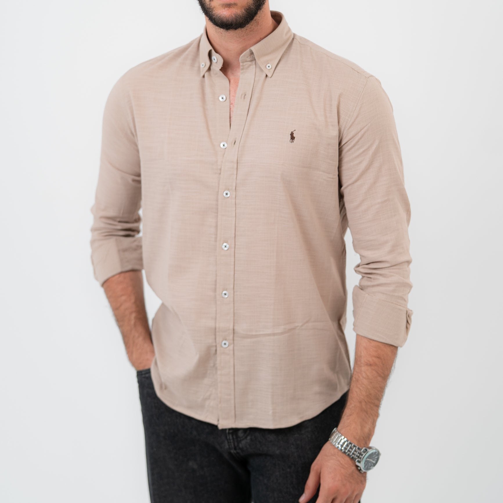 قميص بولو أمريكي بأكمام طويلة بني فاتح