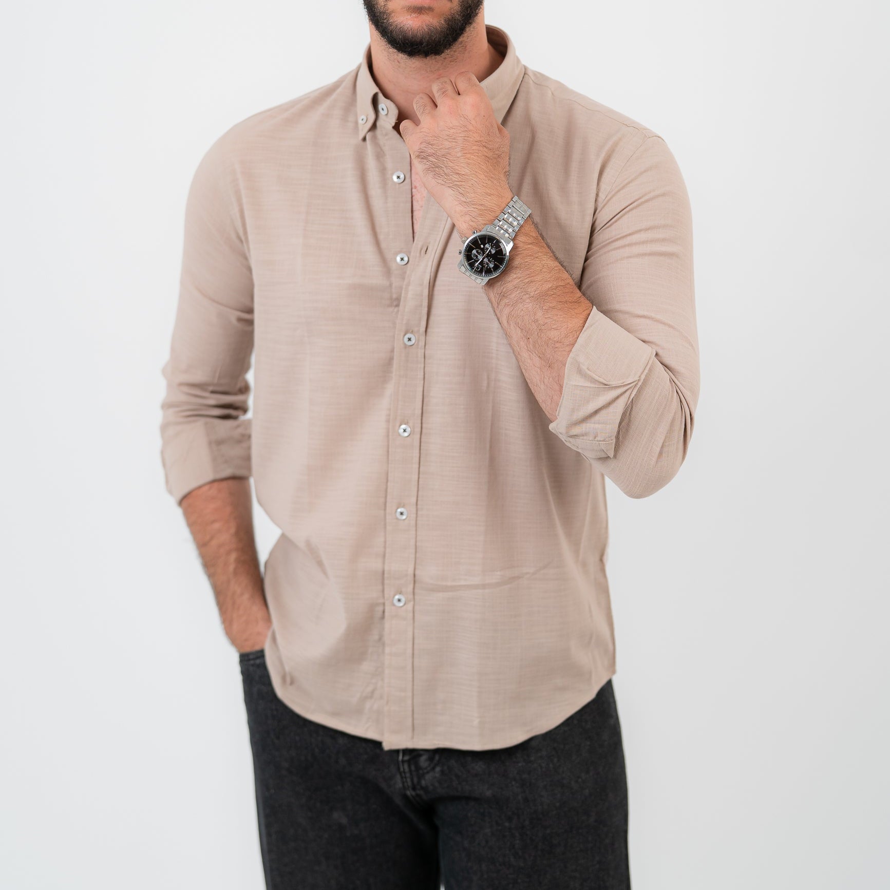 قميص بولو أمريكي بأكمام طويلة بني فاتح