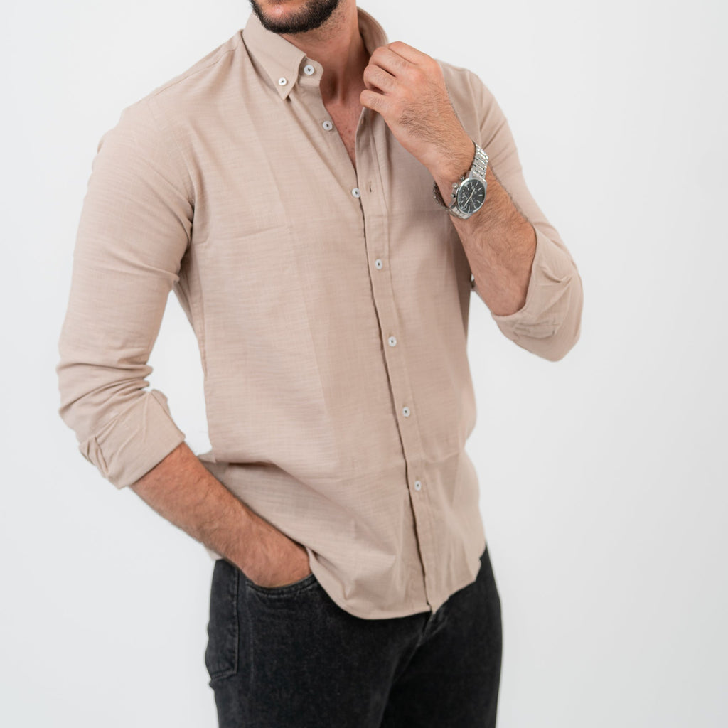 قميص بولو أمريكي بأكمام طويلة بني فاتح