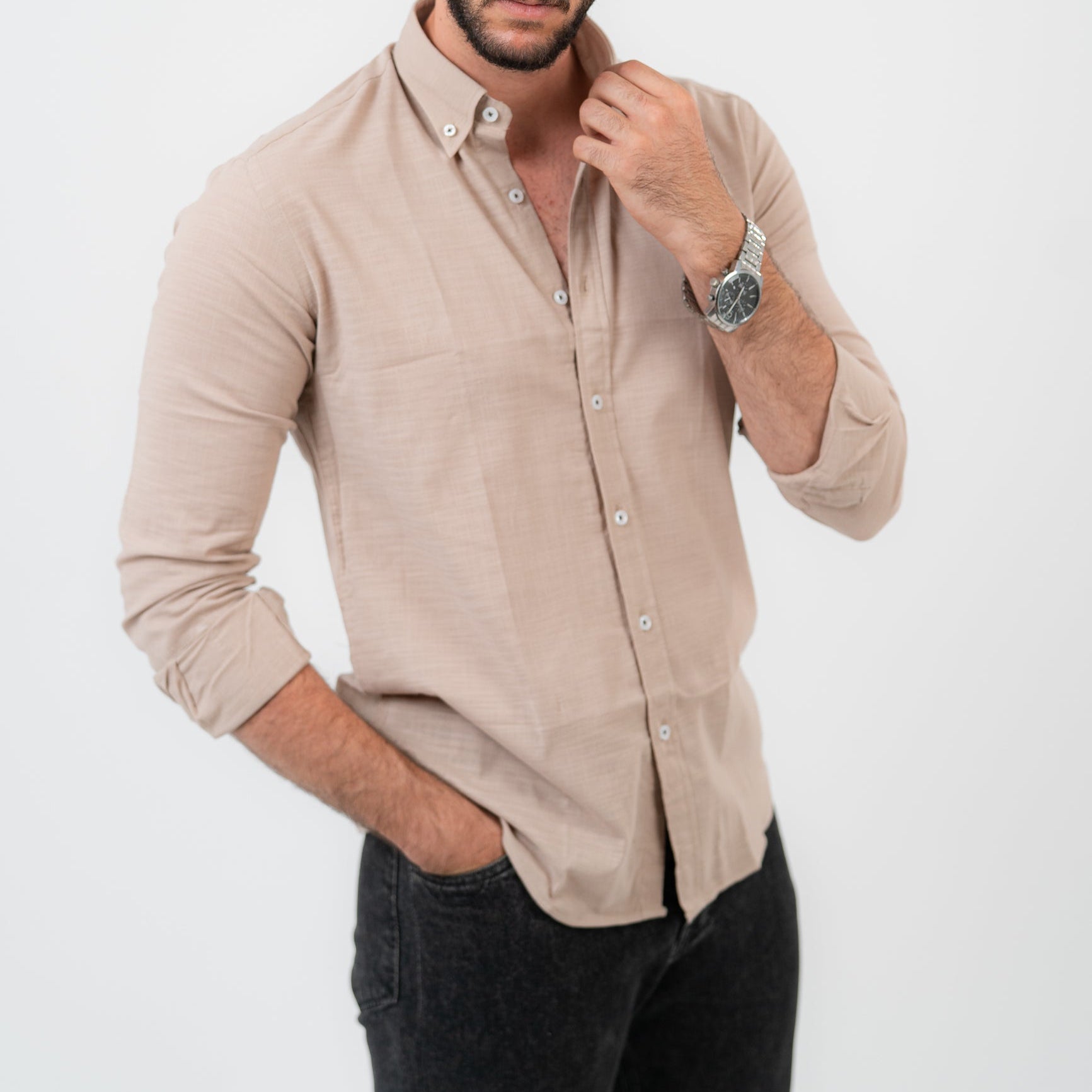 قميص بولو أمريكي بأكمام طويلة بني فاتح