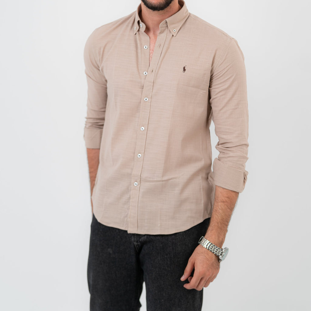 قميص بولو أمريكي بأكمام طويلة بني فاتح