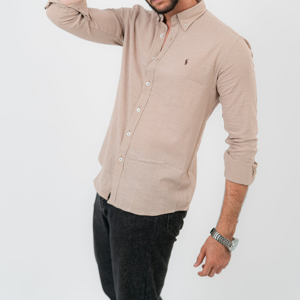 قميص بولو أمريكي بأكمام طويلة بني فاتح