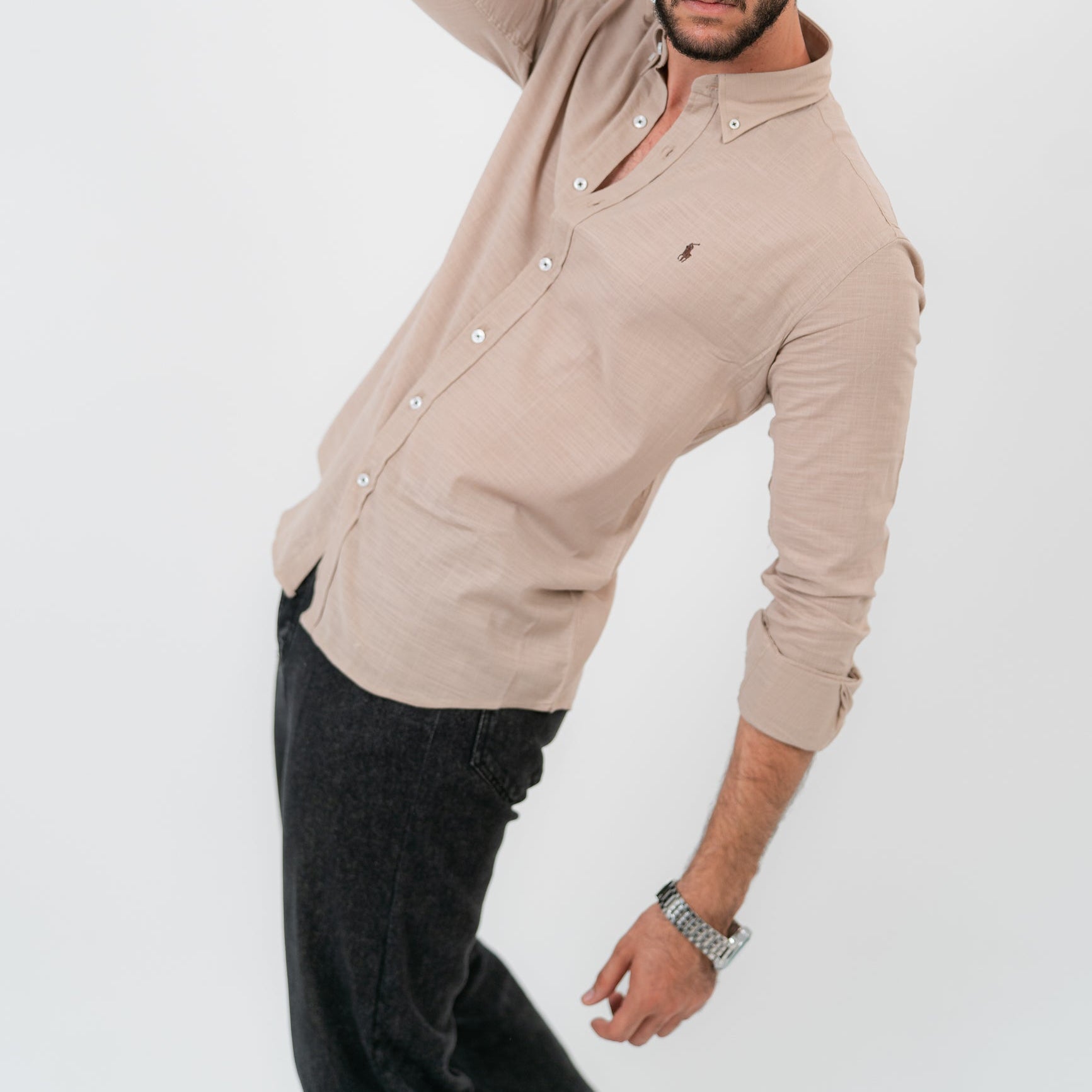 قميص بولو أمريكي بأكمام طويلة بني فاتح