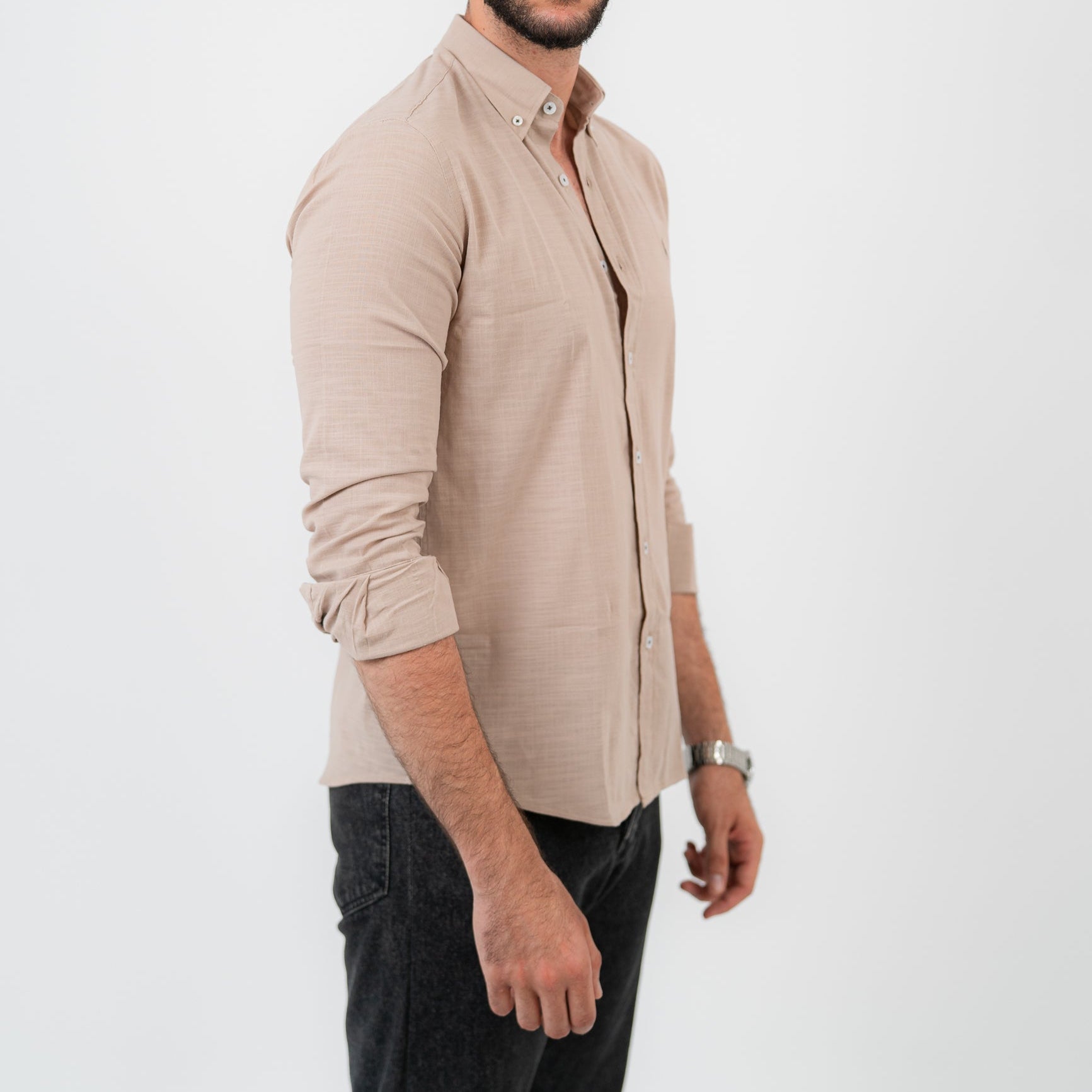 قميص بولو أمريكي بأكمام طويلة بني فاتح