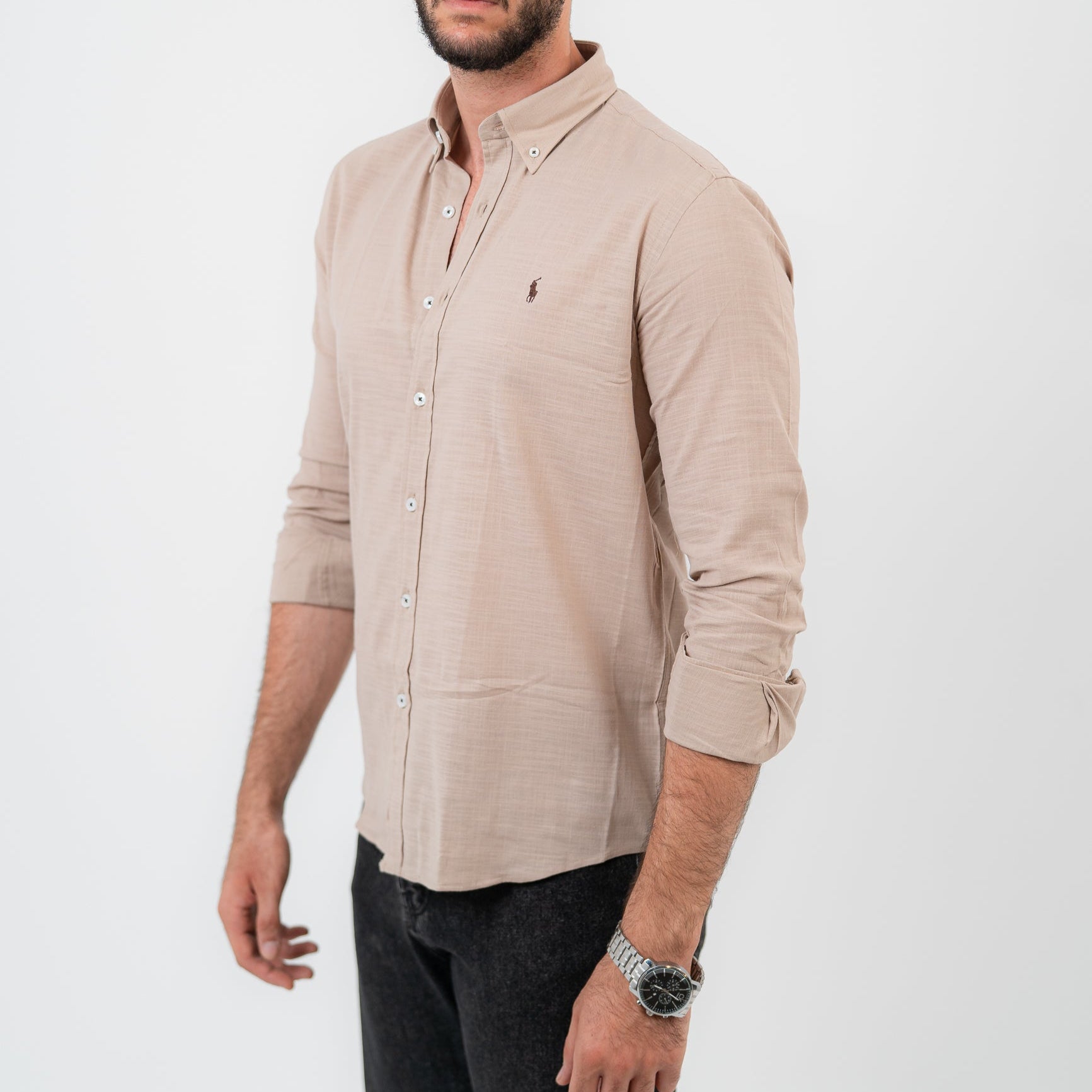 قميص بولو أمريكي بأكمام طويلة بني فاتح