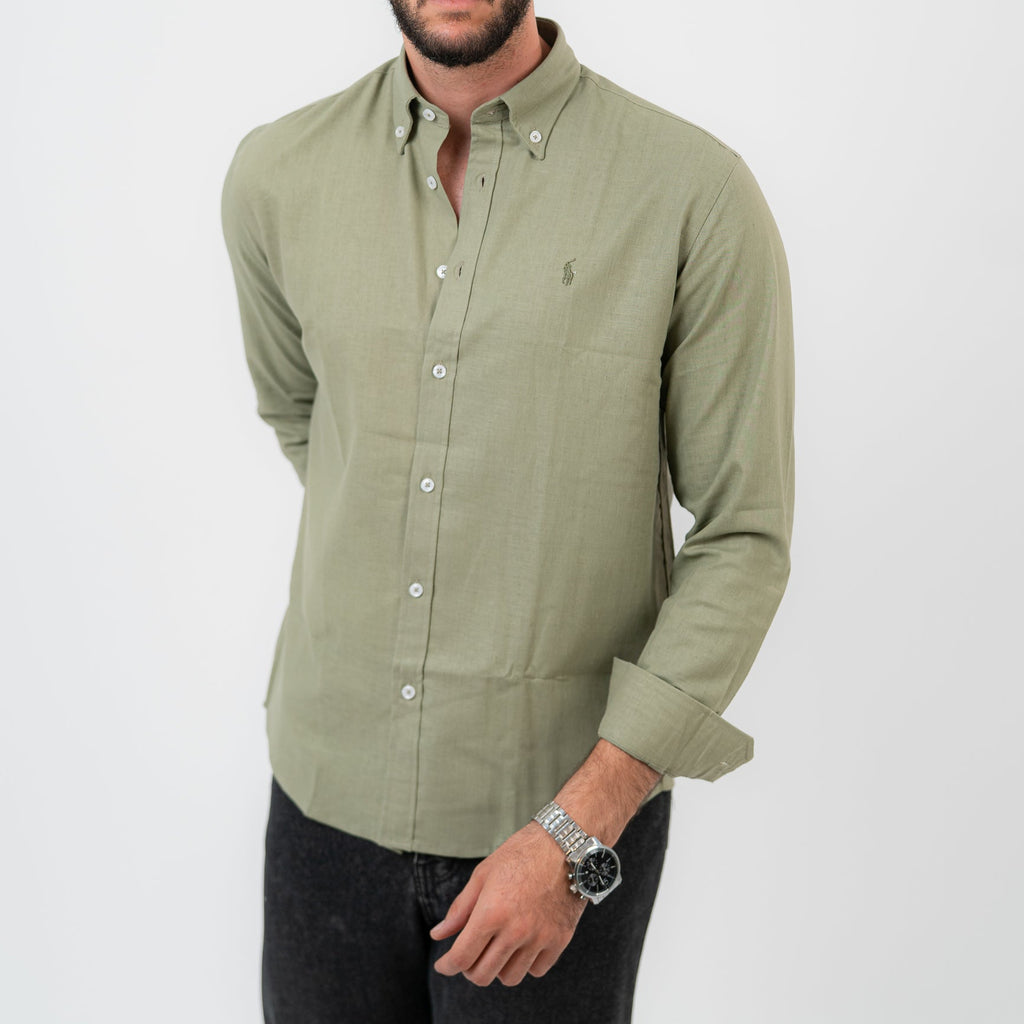 قميص بولو أمريكي بأكمام طويلة باللون الأخضر الزيتوني