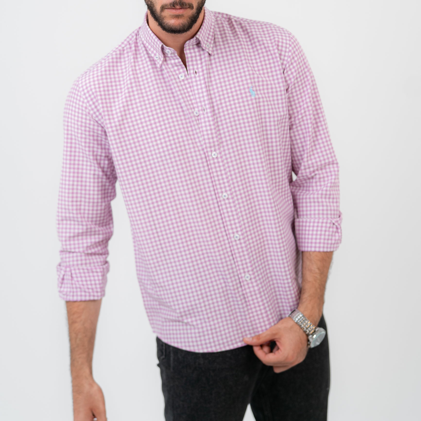 قميص بينك كارو بأكمام طويلة - بولو أمريكي 112