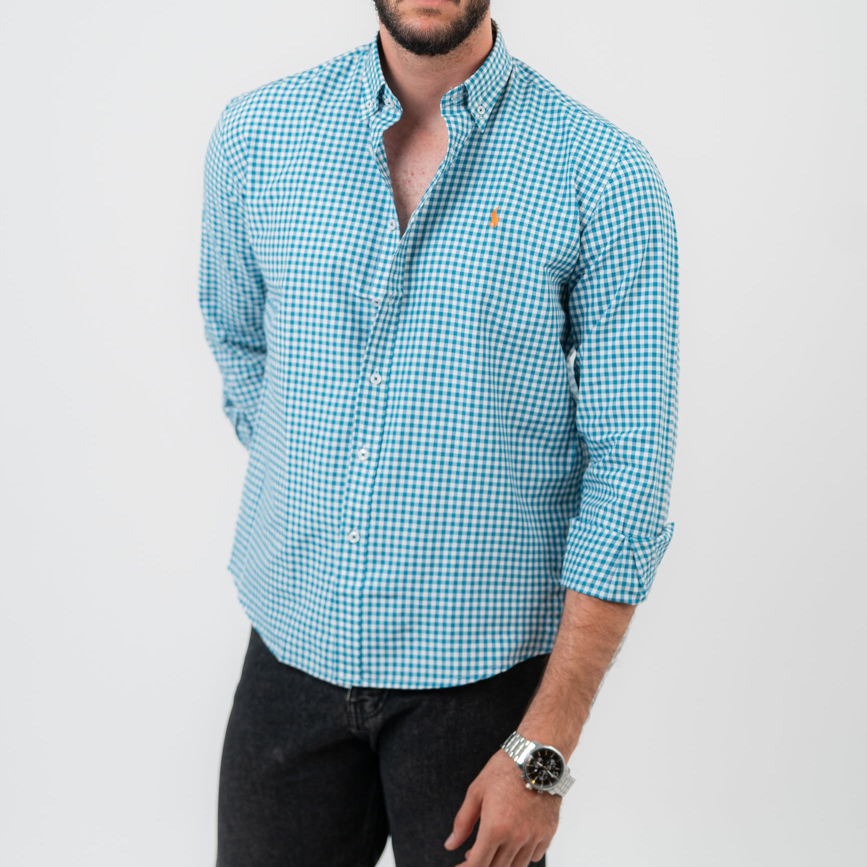 قميص كارو أزرق بأكمام طويلة - بولو أمريكي 110