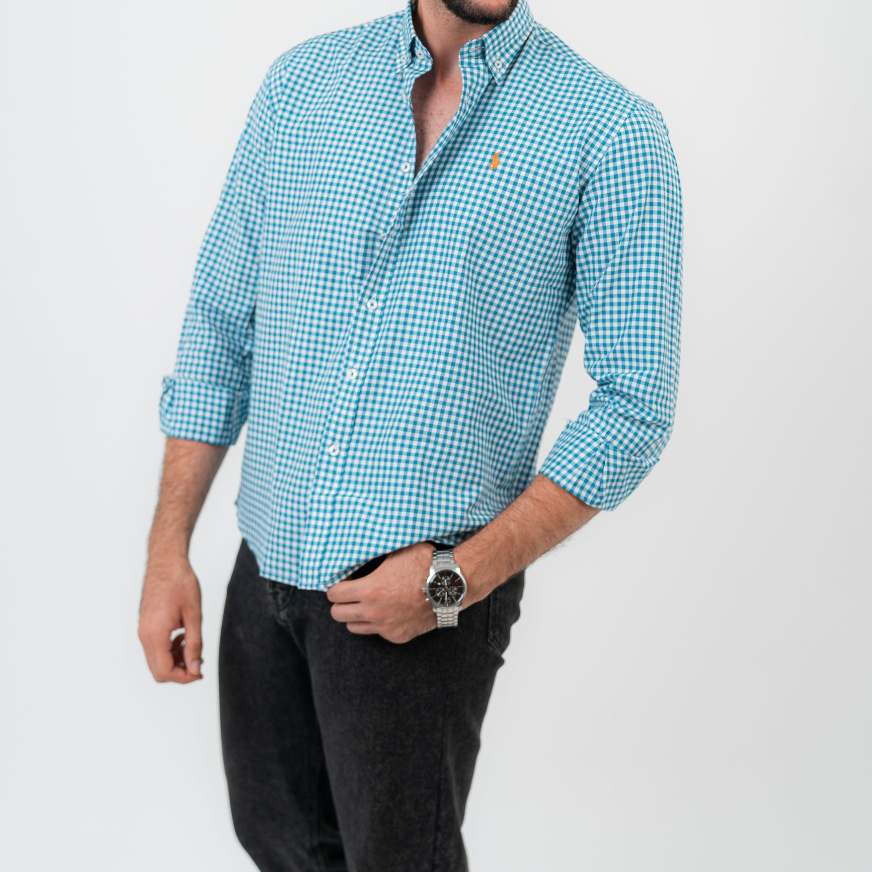 قميص كارو أزرق بأكمام طويلة - بولو أمريكي 110