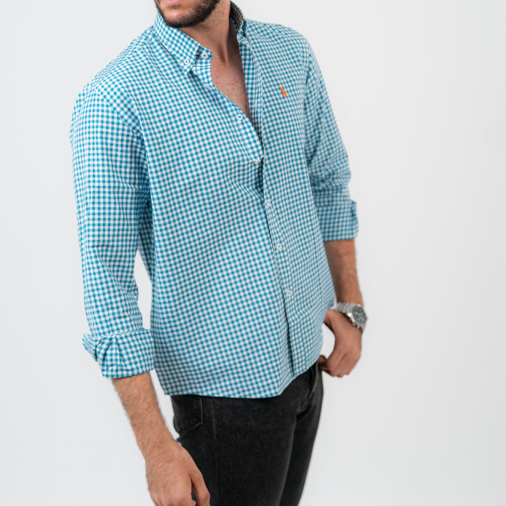 قميص كارو أزرق بأكمام طويلة - بولو أمريكي 110