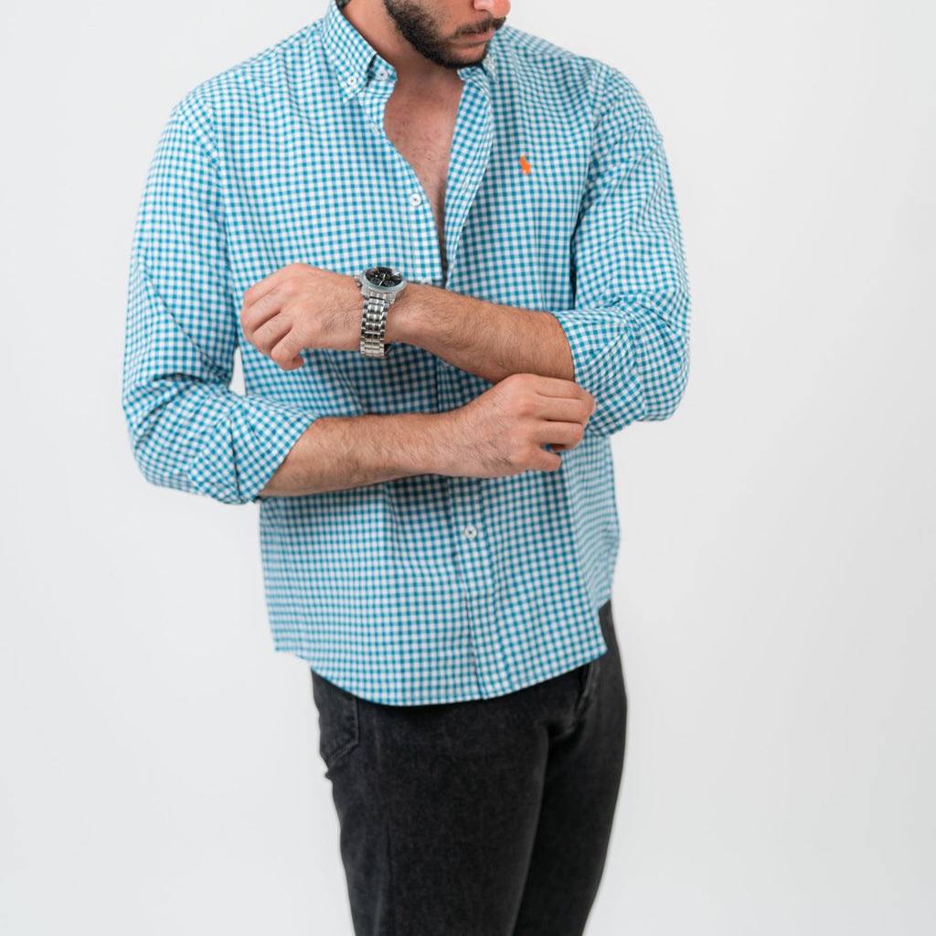 قميص كارو أزرق بأكمام طويلة - بولو أمريكي 110