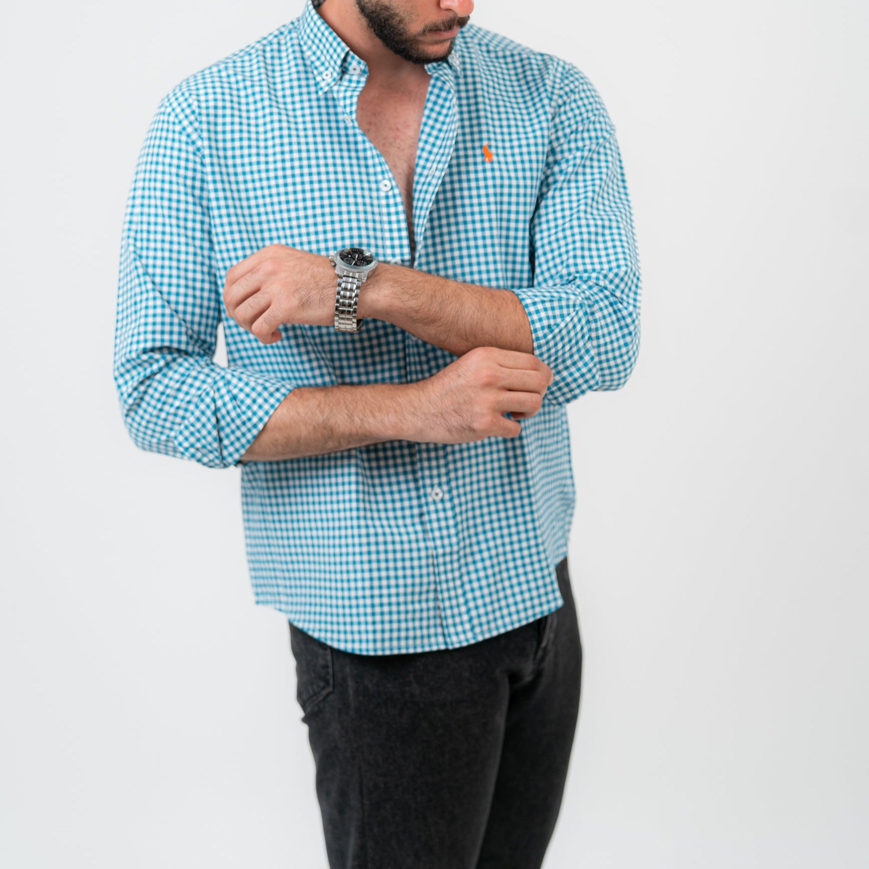 قميص كارو أزرق بأكمام طويلة - بولو أمريكي 110
