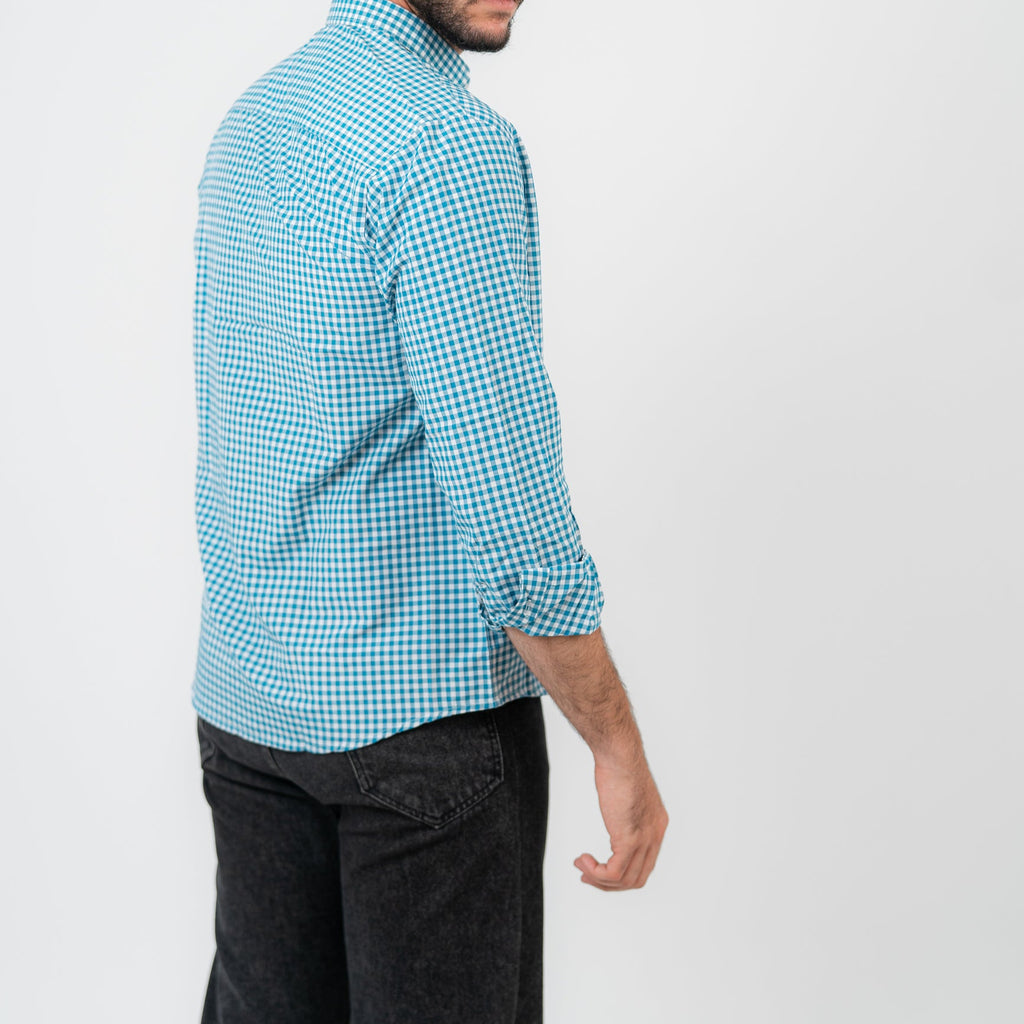 قميص كارو أزرق بأكمام طويلة - بولو أمريكي 110