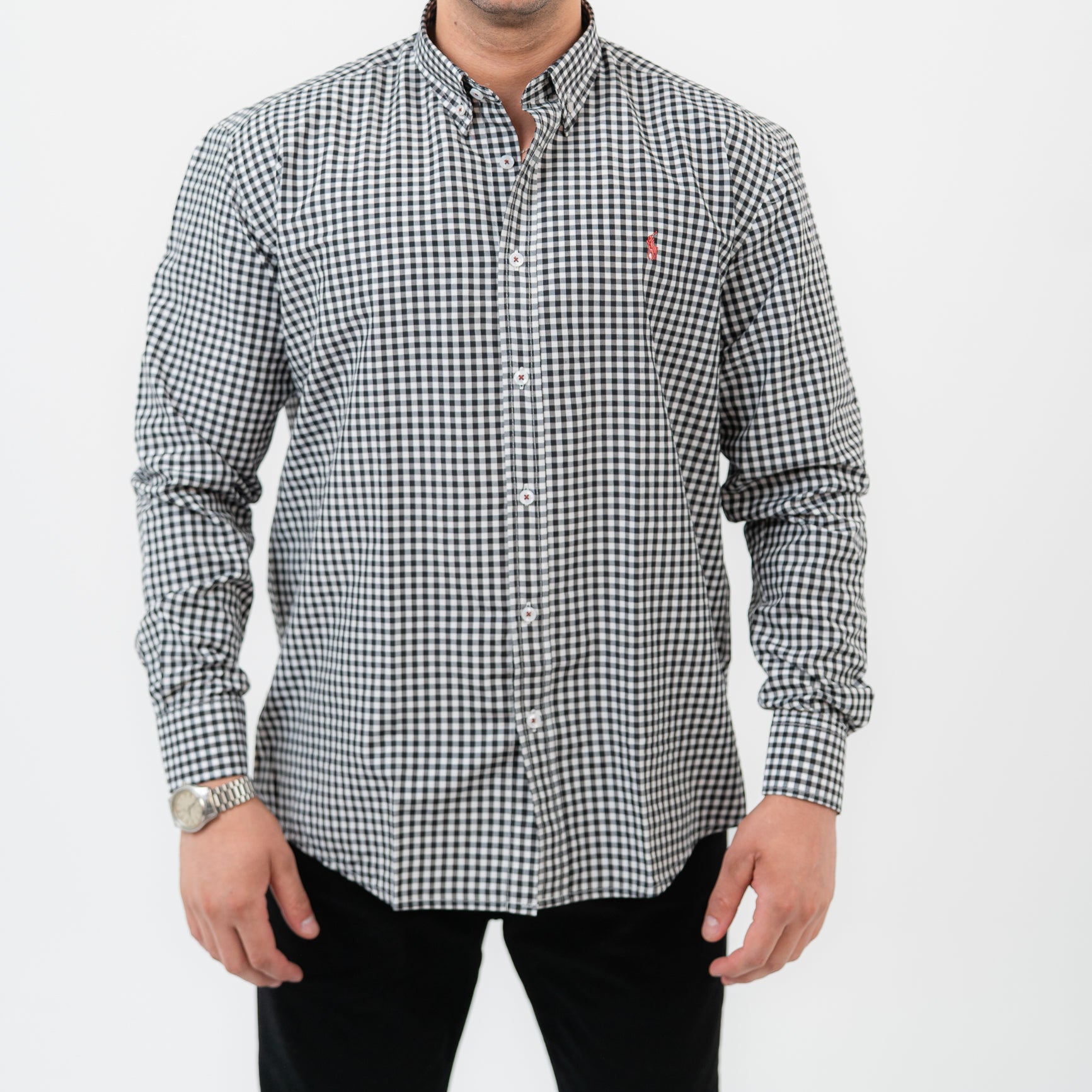 قميص كارو أسود بأكمام طويلة - بولو أمريكي 109