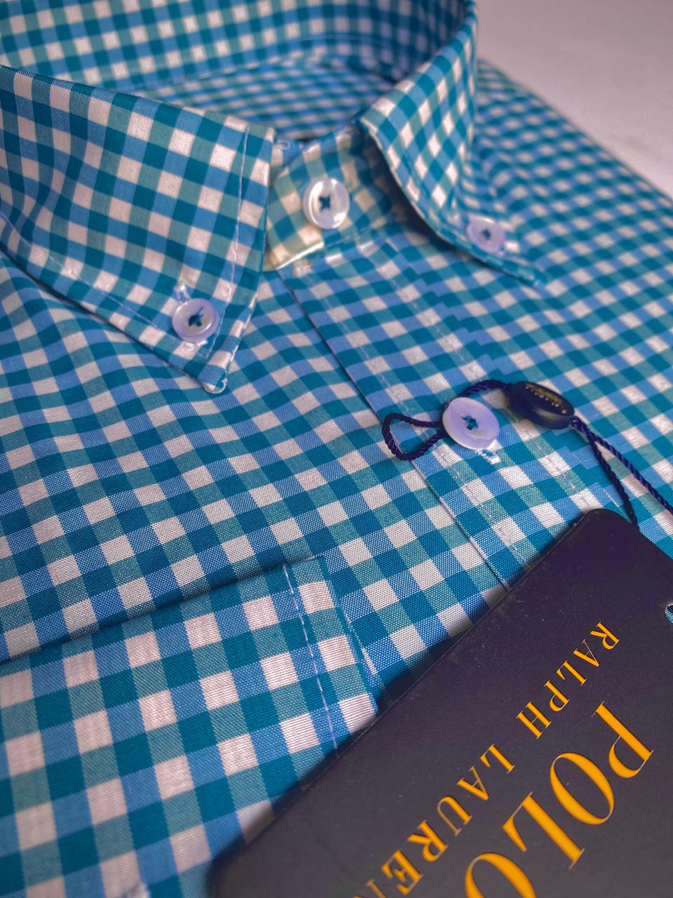 قميص كارو أزرق بأكمام طويلة - بولو أمريكي 110