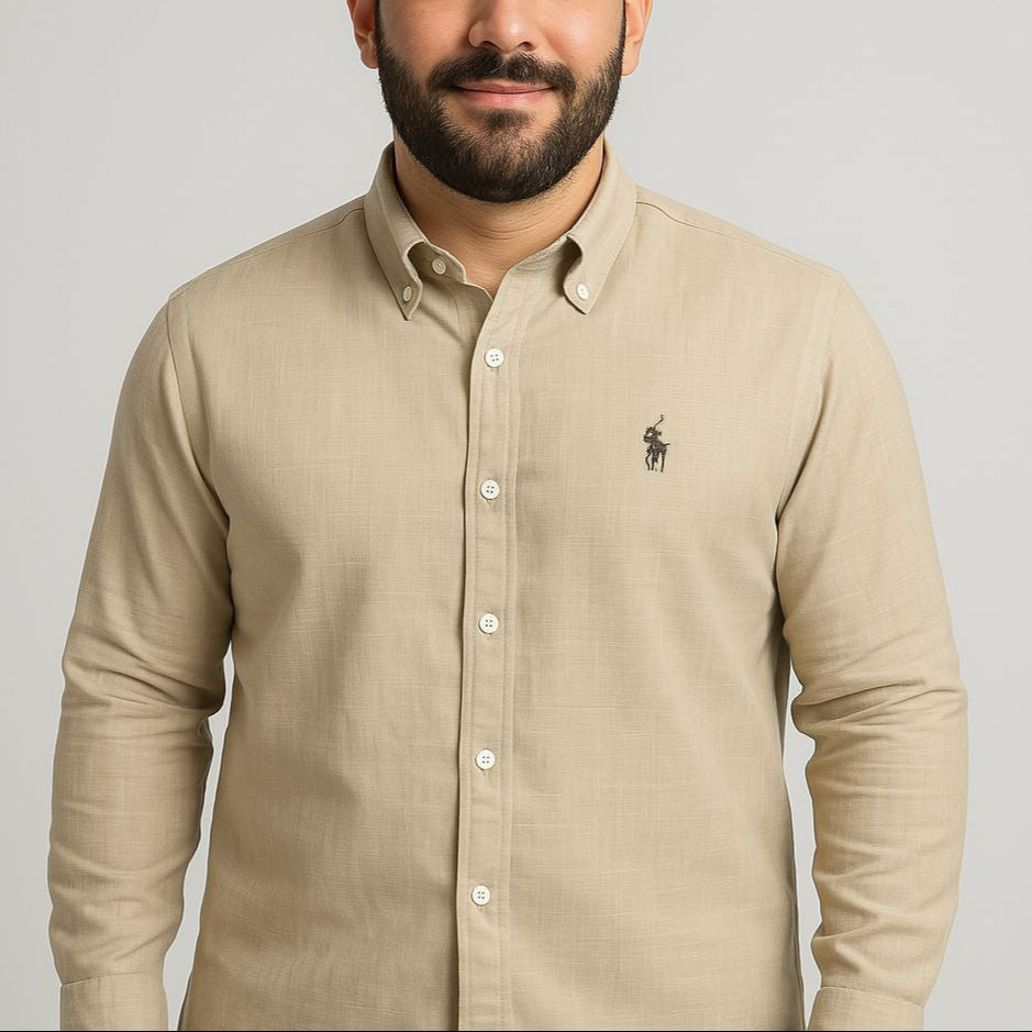 قميص بولو أمريكي بأكمام طويلة بني فاتح