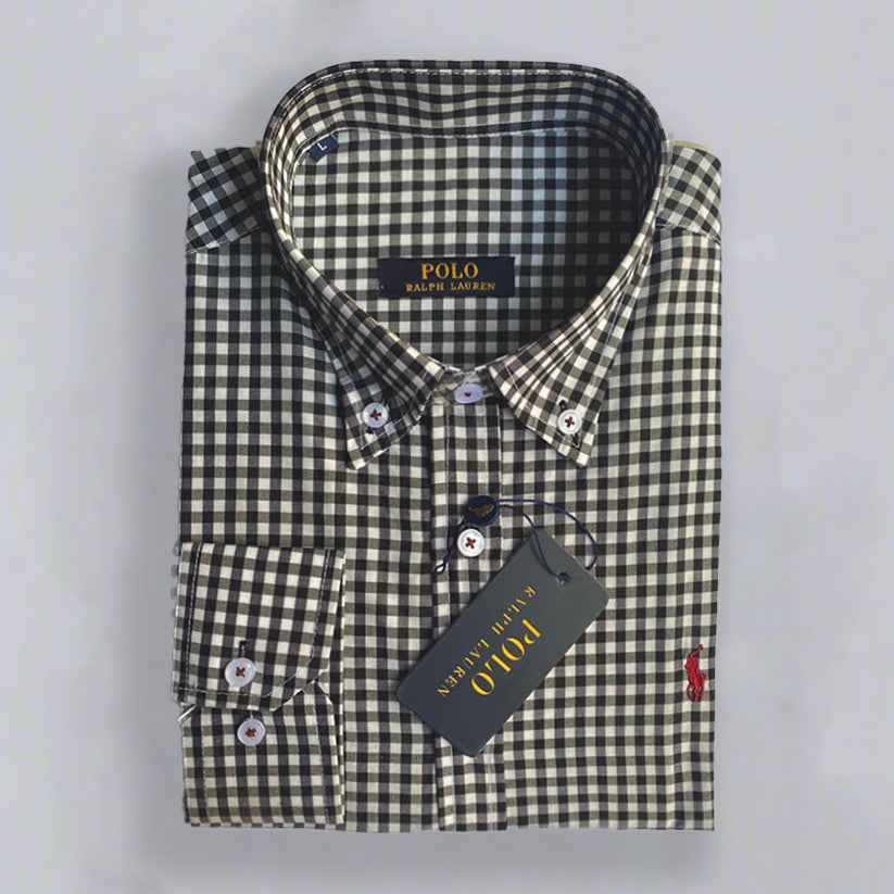 قميص كارو أسود بأكمام طويلة - بولو أمريكي 109