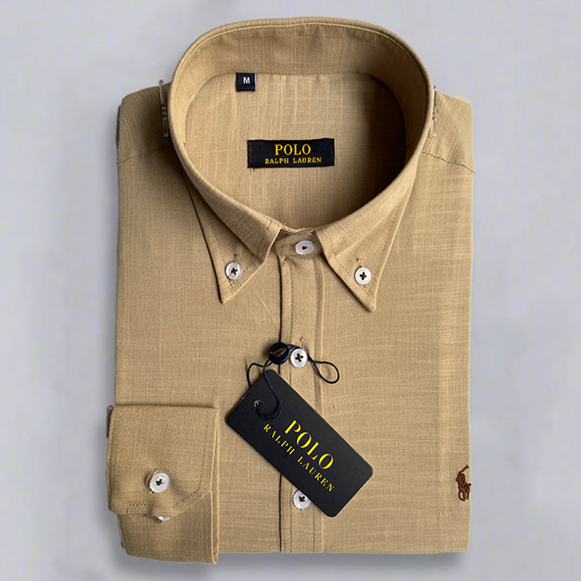 قميص بولو أمريكي بأكمام طويلة بني فاتح
